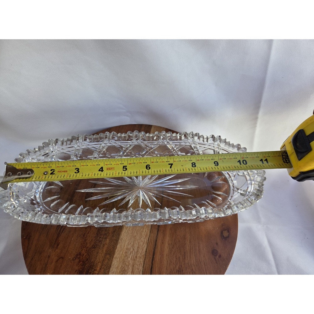 Vintage Clear Pressed Crystal Celery Relish Dish Starburst Sawtooth Rim 11"